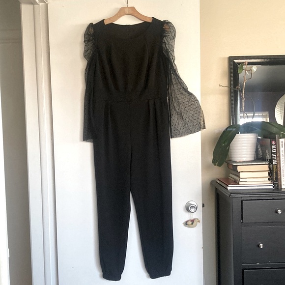 Pants - Black Jumpsuit Puff Lace Sleeves Ankle Length